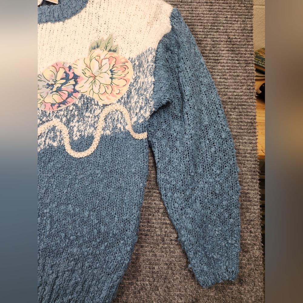 Vintage Needles & Yarn Blue Floral Embroidered Knit Sweater M 80s Grandmacore View 6